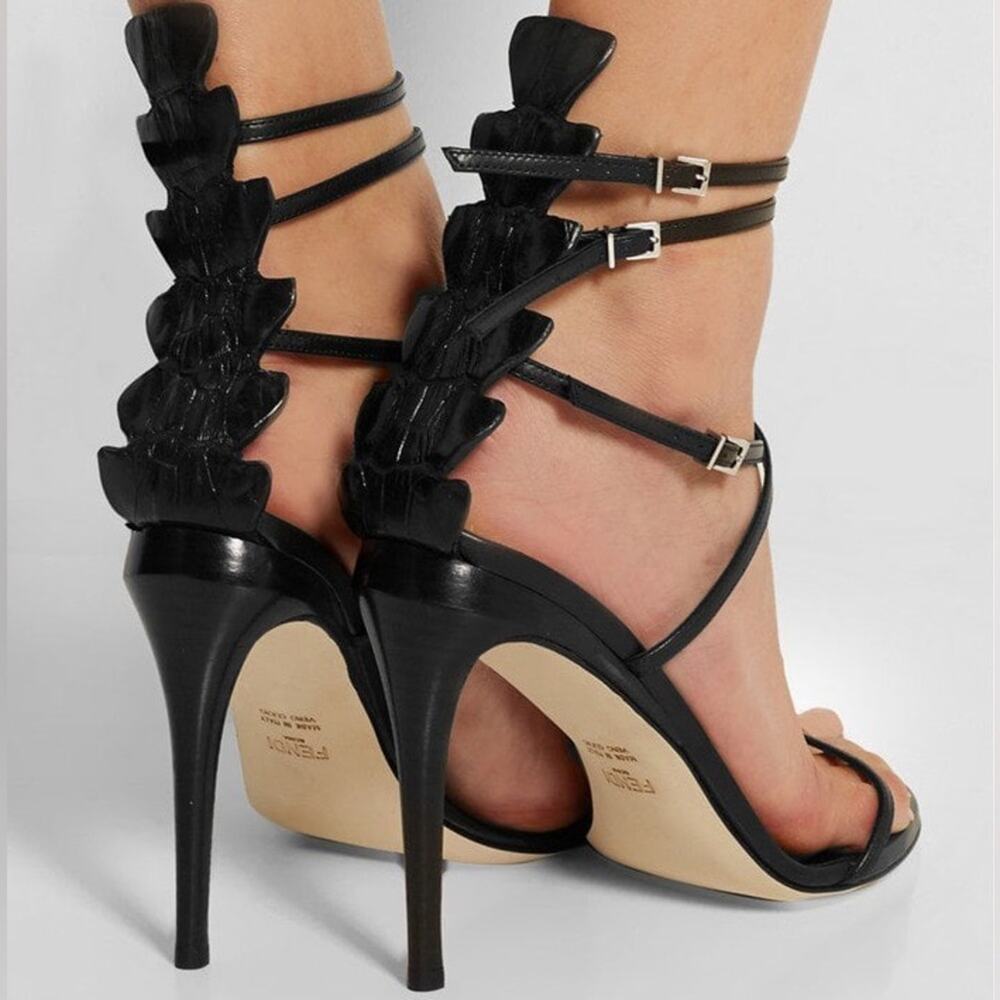 Fendi Women’s Ava Black Leather Crocodile Strappy Sandals Stiletto Heels Size 39